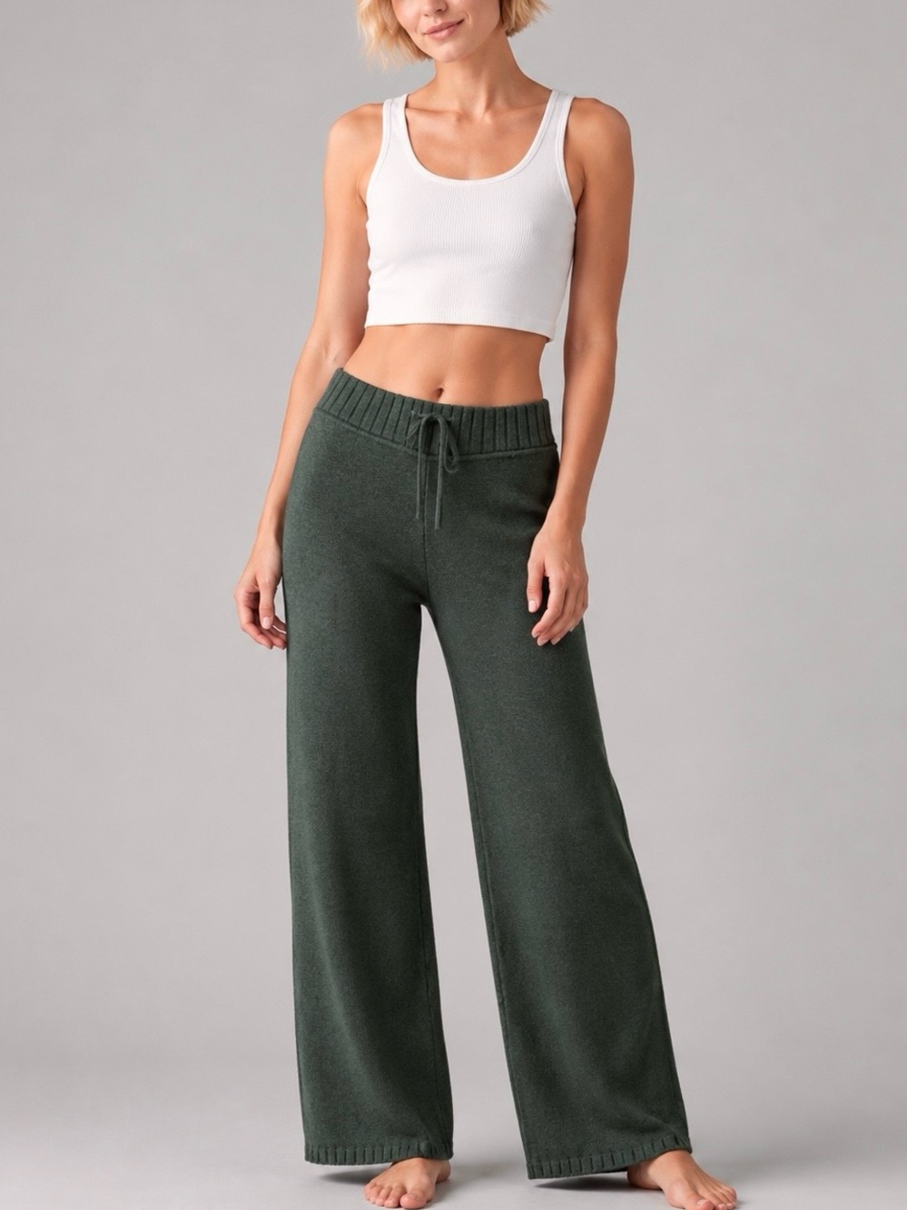 EDIKTED | Russell Wide Leg Sweater Knit Pants in Olive, Size Medium
